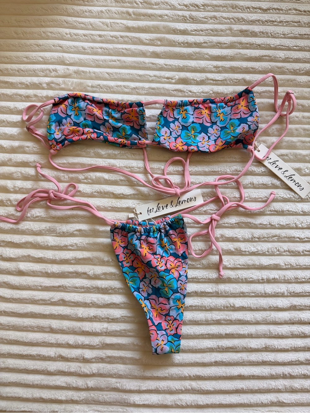 For Love & Lemons Floral String Bikini Top and Bottom - Pink & Blue ☀️